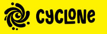 A photo of the Cyclone Designs logo, A yellow rectangle with a Black swirl with an eye in it's center next to the word Cyclone